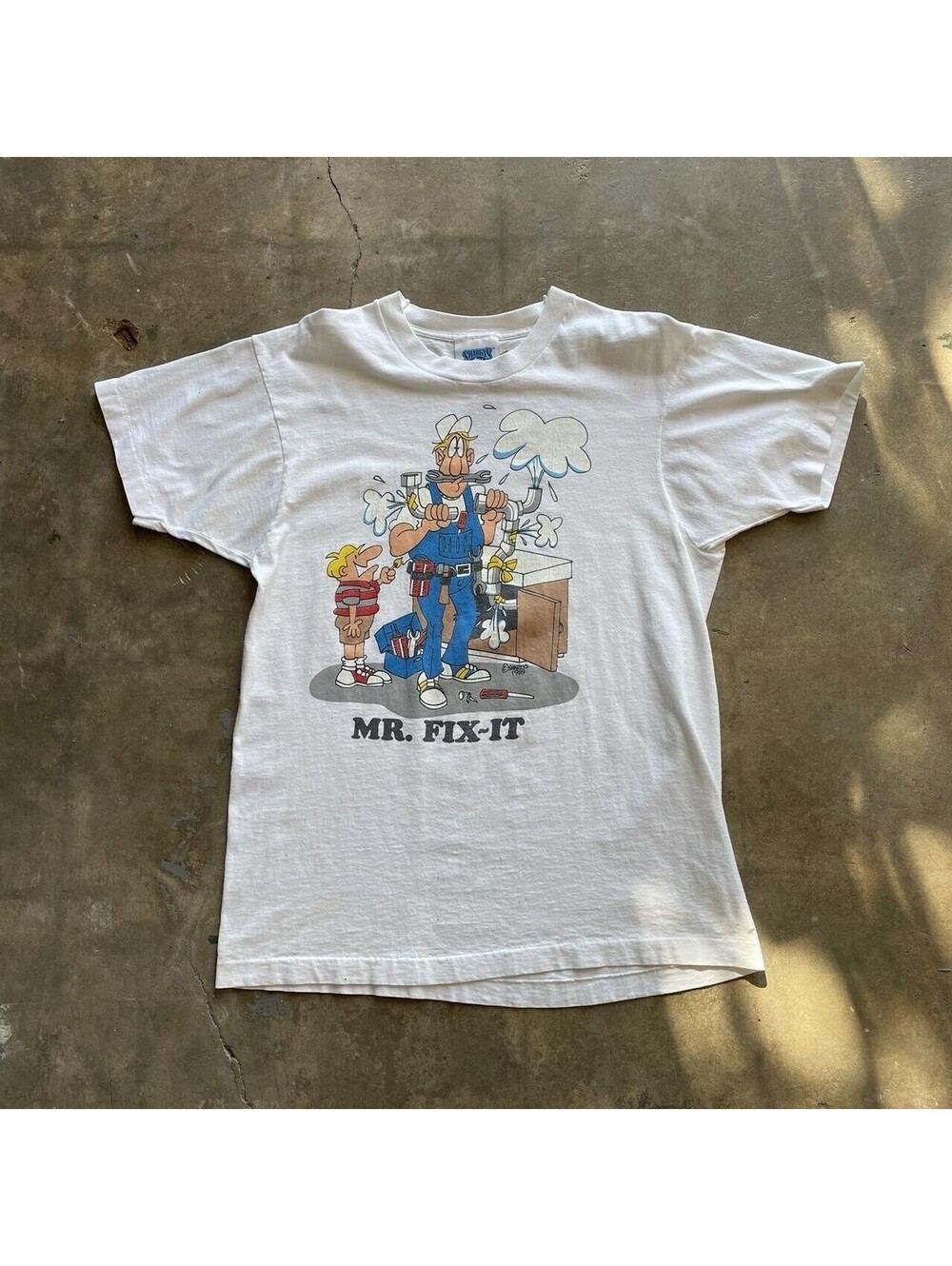 Vintage 80s Single Stitch TShirt Mr Fix It Size Large Dad Funny Sharkys Art 1989